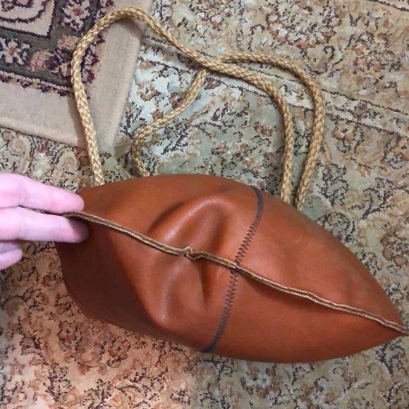 Vintage 70s Genuine 100% Leather Honey-Brown Dual-Rope Handle Round Bag GROOVY - Picture 16 of 16